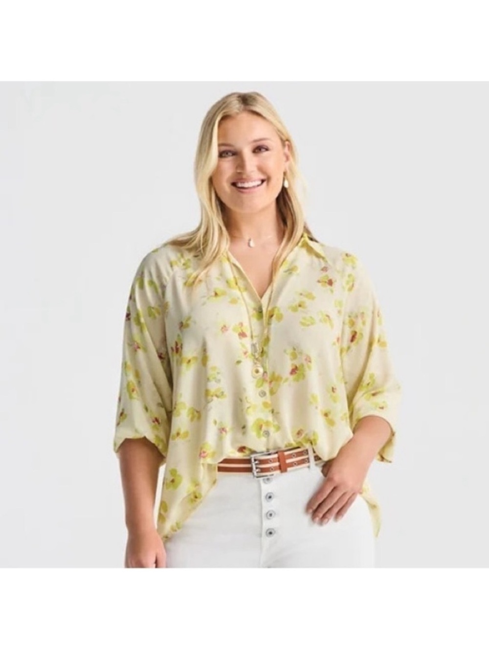 CAbi Go To Blouse 6294 Cream Yellow Pink Floral Button Front 3/4 Sleeve Medium